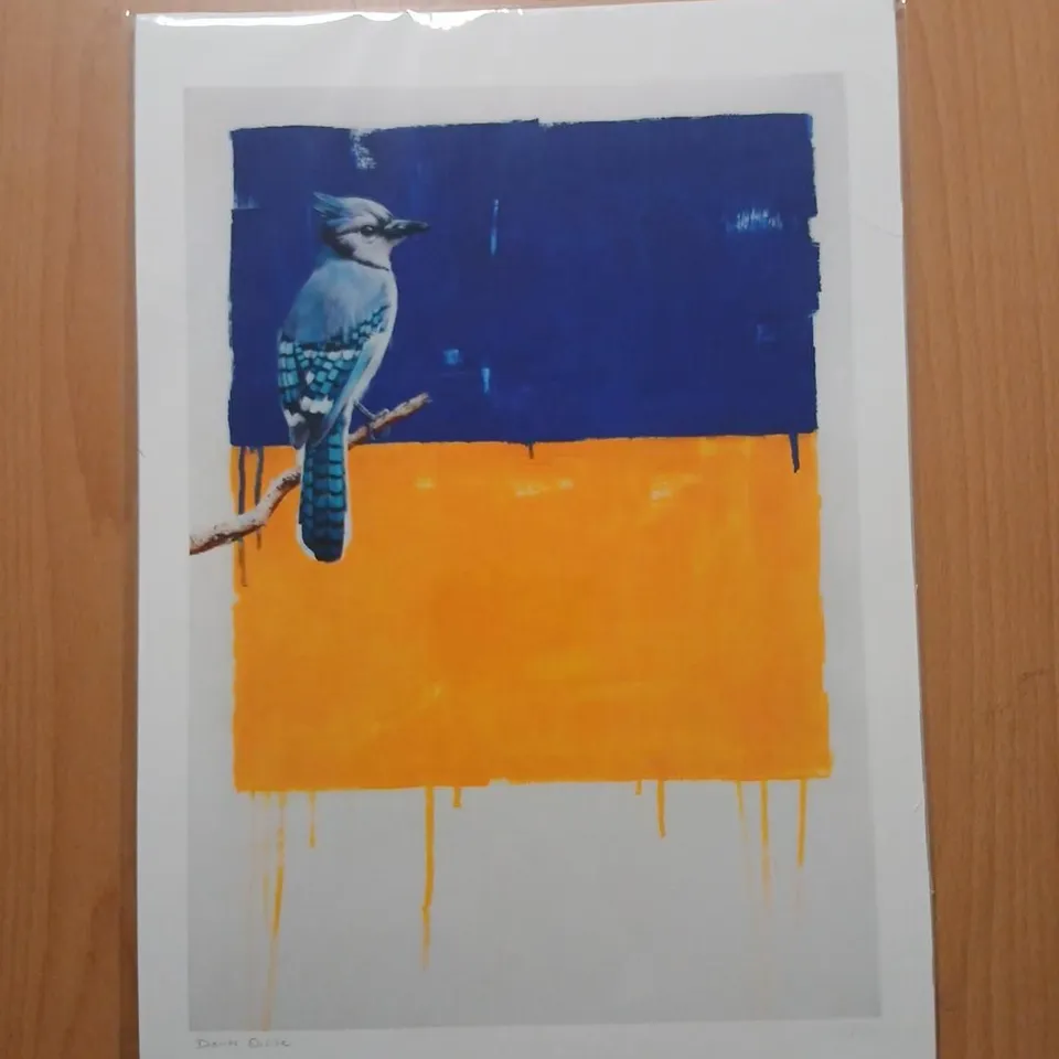 BLUE JAY BIRD PRINT WITH BLUE BIRD ON BLUE/ORANGE FIELD SIGNED BY DANIEL QUIRKE