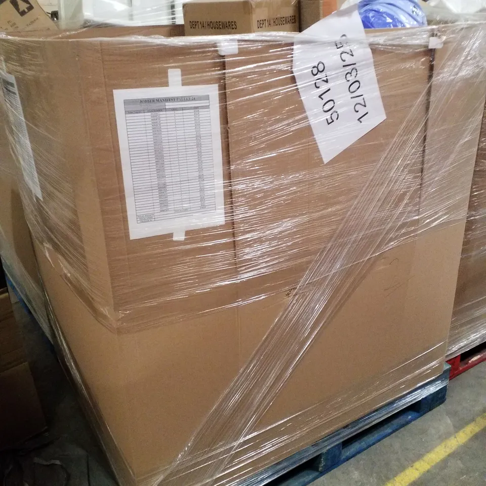PALLET CONTAINING ASSORTED PRODUCTS INCLUDING PEDAL BIN, STRAW PARASOL, SCOVILLE COOKWARE SET, PILLOWS & WOODEN ACTIVITY TABLE