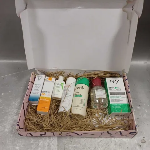 BOX OF APPROXIMATELY 7 ASSORTED SKINCARE PRODUCTS TO INCLUDE - N07 HYDRATING LOTION - COATS HYDRATING TONING MILK - CERAVE HYDRATING CLEANSER - ETC