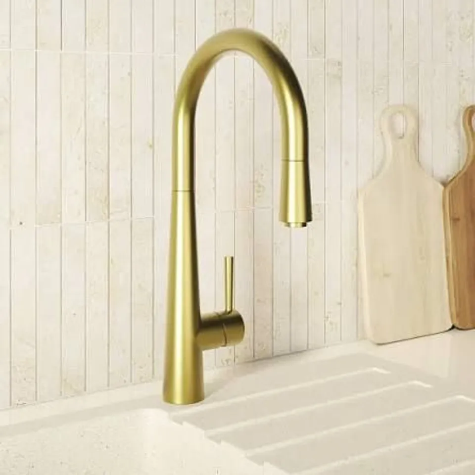 BOXED BRUSHED BRASS SINGLE LEVER PULL OUT MONOBLOC KITCHEN MIXER TAP - ENZA OLNEY