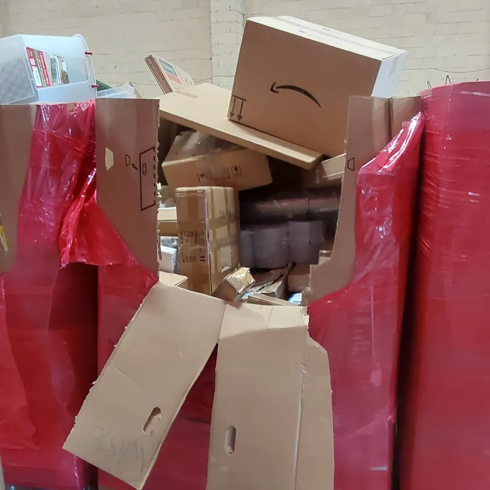 PALLET OF ASSORTED HOUSEHOLD GOODS AND PRODUCTS TO INCLUDE; ANTI-SLIP MATT, PAPER TOWELS, PUMPKIN GARLAND, BOXED FURNITURE ETC