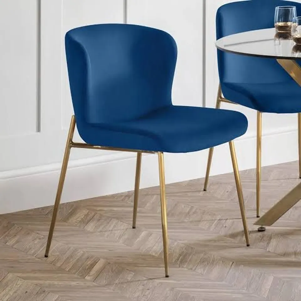BOXED SET OF 2 BLUE HARPER DINING CHAIRS WITH GOLD LEGS