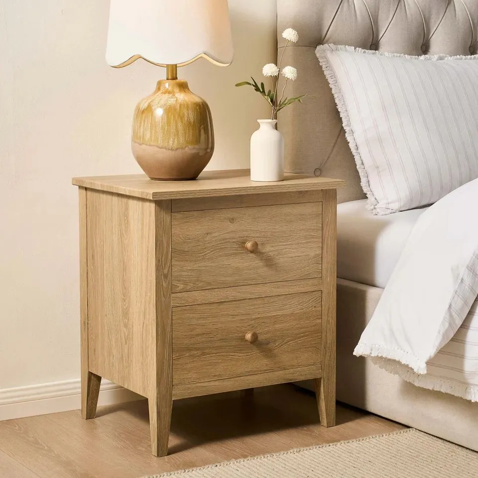 BOXED DUSK NELL 2 DRAWER BEDSIDE TABLE - LIGHT WOOD (1 BOX)