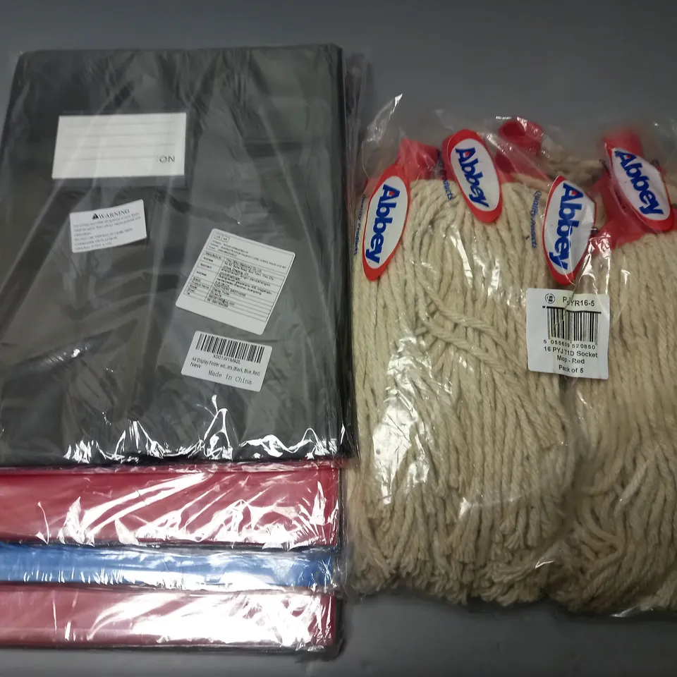 LOT OF ASSORTED HOUSEHOLD ITEMS TO INCLUDE MOP HEADS, DISPLAY FOLDERS AND TENNIS BALLS