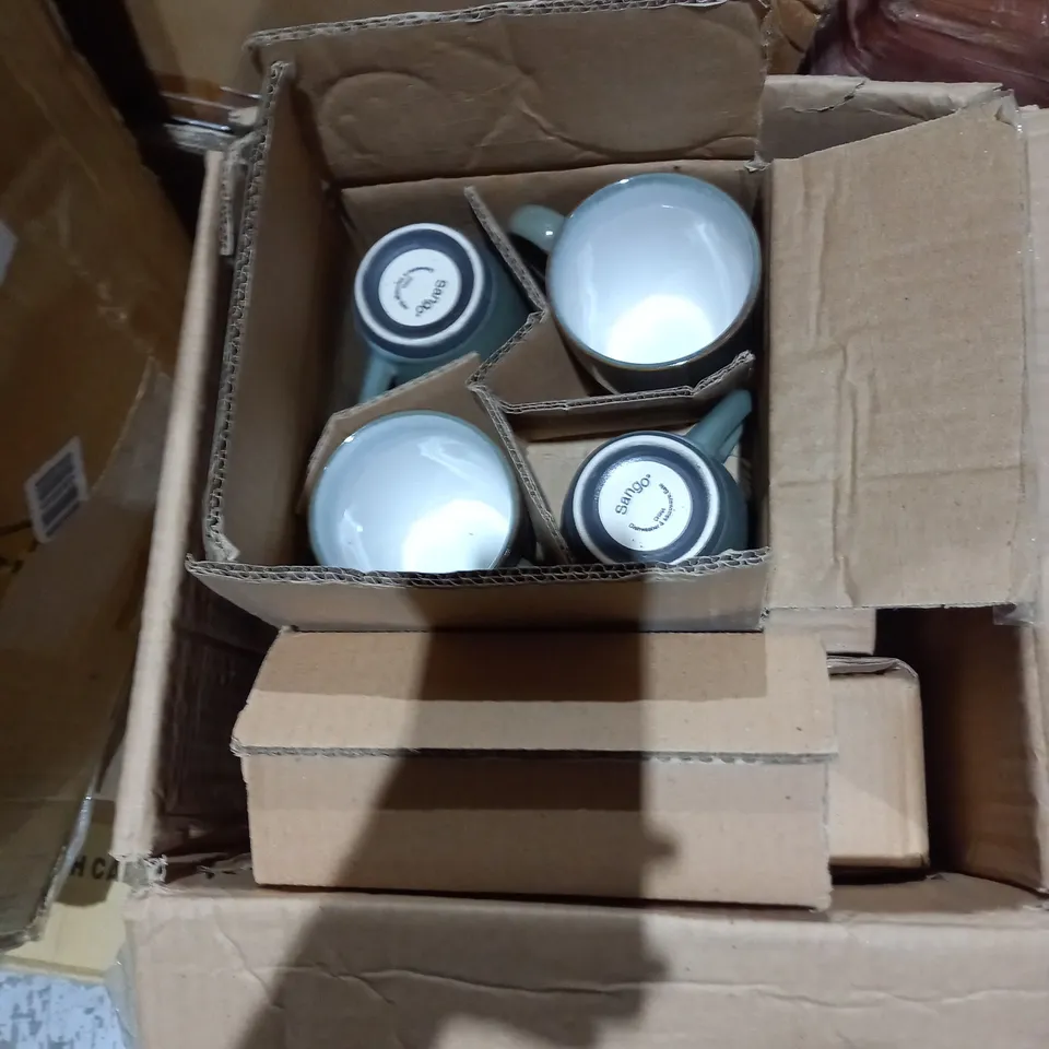 PALLET OF ASSORTED CROCKERY ITEMS TO INCLUDE CERAMIC MUGS, BOWLS, AND PLATES.