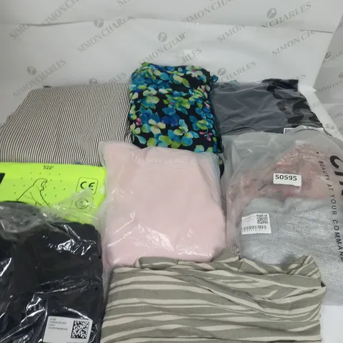 LARGE BOX OF ASSORTED CLOTHING ITEMS IN VARIOUS COLOURS AND SIZES INCLUDING TROUSERS , TOPS AND JUMPERS