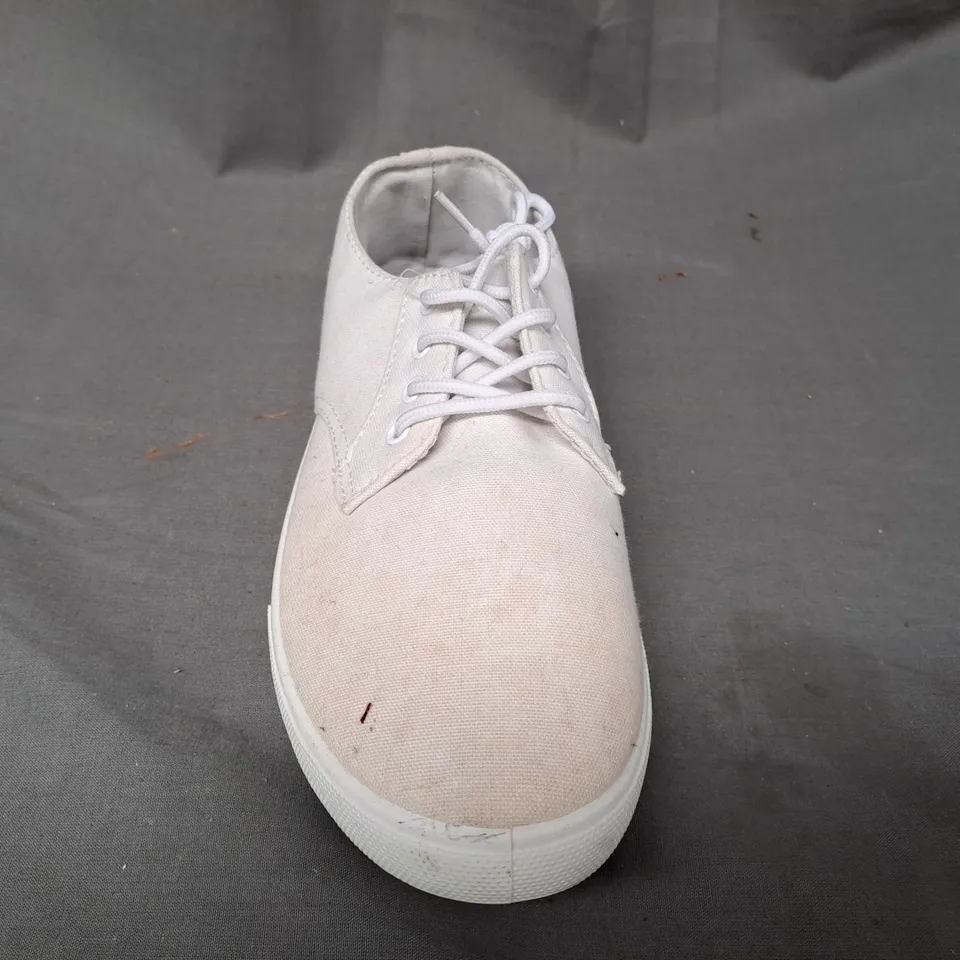 BOX OF APPROXIMATELY 5 PAIRS OF DESIGNER CANVAS SHOES IN WHITE IN VARIOUS SIZES