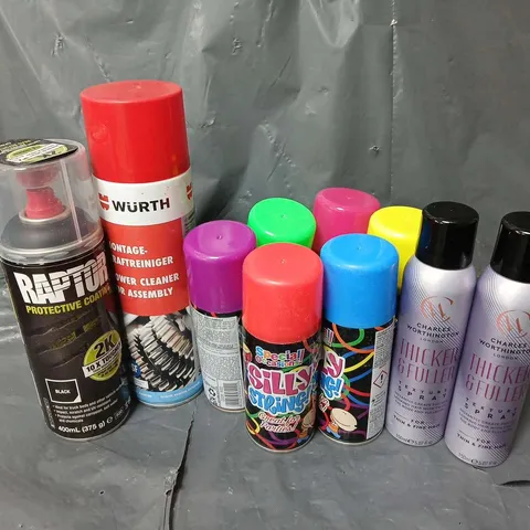 APPROXIMATELY 15 ASSORTED AEROSOLS TO INCLUDE SILLY STRING, HAIR TEXTURE SPRAY, RAPTOR PROTECTIOVE COATING (400ml), ETC - COLLECTION ONLY