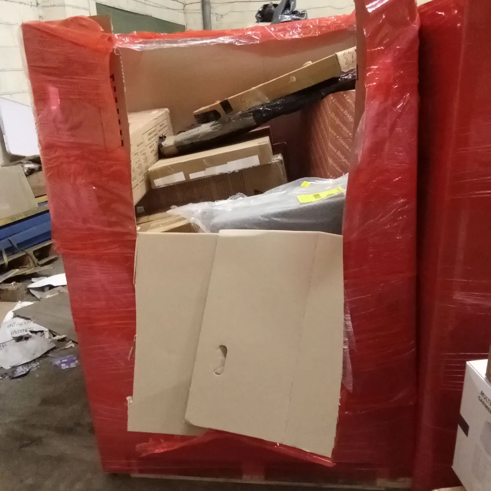 PALLET OF ASSORTED HOUSEHOLD GOODS AND PRODUCTS TO INCLUDE; PARASOL BASE, PRESSURE WASHER, BOXED FURNITURE ETC