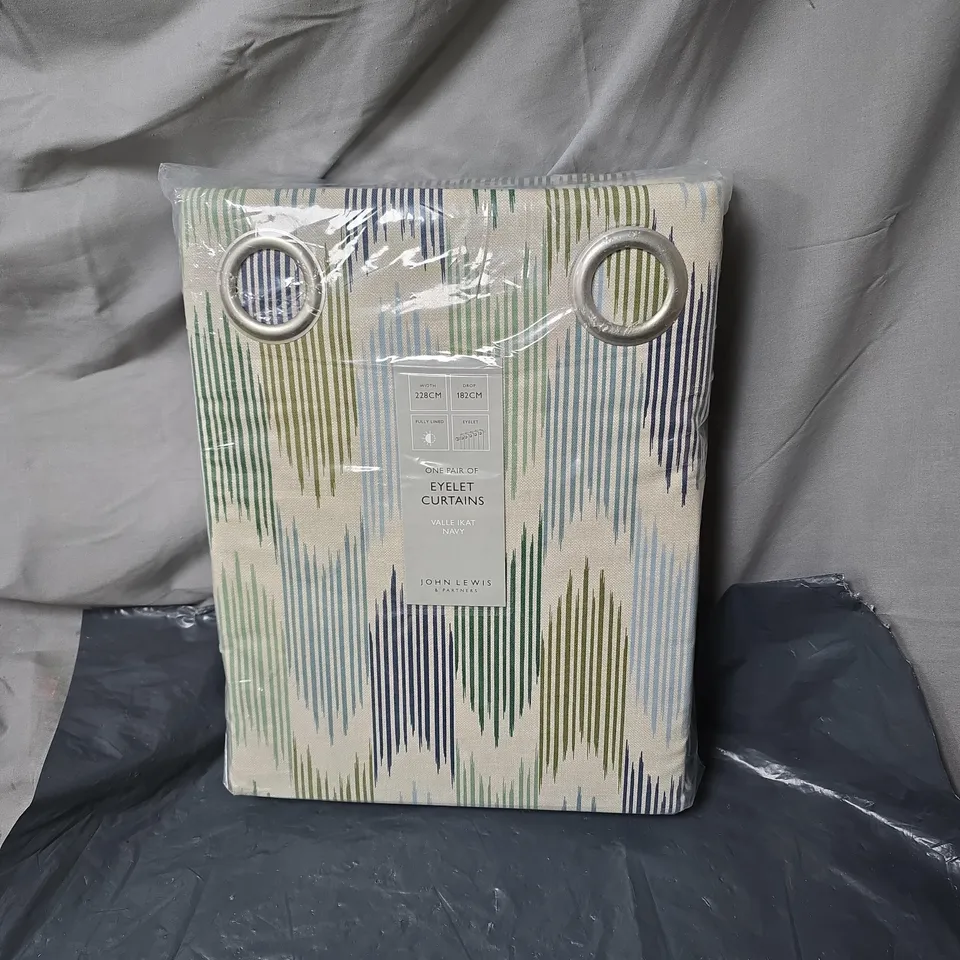 JOHN LEWIS VALLE IKAT NAVY EYELET CURTAINS – ONE PAIR (BOXED) - WIDTH 228CM DROP 182CM 