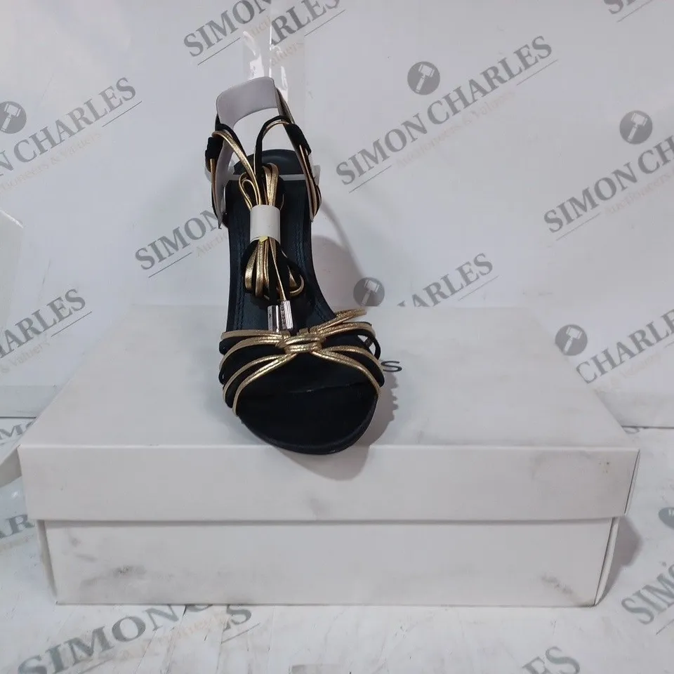 BOXED PAIR OF REISS CASSIDY STRAPPY HEELS IN BLACK/GOLD SIZE 5
