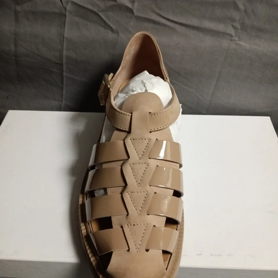 BOXED PAIR OF RUSSELL AND BROMLEY WOMEN'S BEIGE MULTI-STRAP SANDAL WITH BUCKLE ANKLE STRAP - SIZE 37 