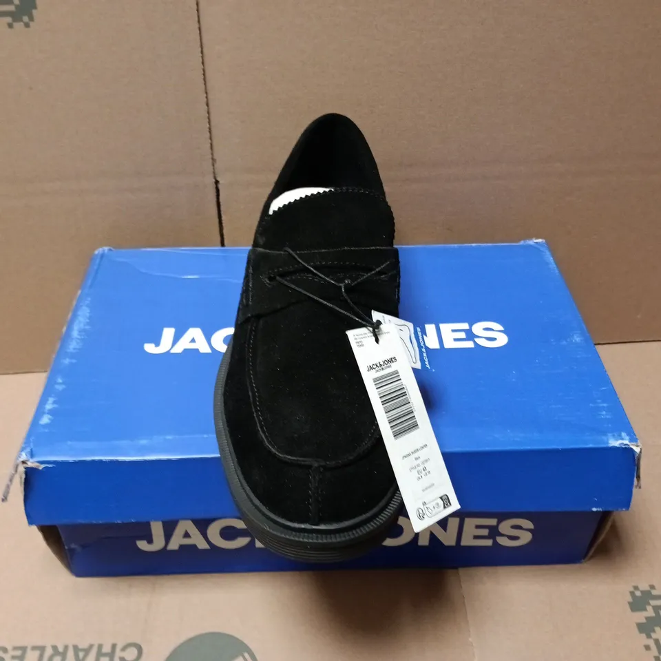 BOXED PAIR OF JACK & JONES BLACK SUEDE LOAFERS - UK 9