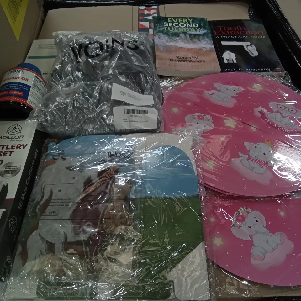 PALLET OF ASSORTED ITEMS INCLUDING ADILLOR 16PCS CUTLERY SET, HORSE PARTY DECORATIONS, ITS A GIRL DECORATIONS, TOOTH EXTRACTION BOOK, EVERY SECOND TUESDAY BOOK