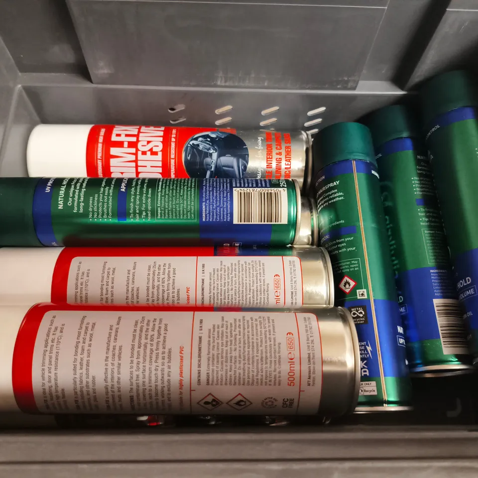 APPROXIMATELY 15 ASSORTED AEROSOLS TO INCLUDE LYNX , WELLA AND TRIM-FIX ADHESIVE