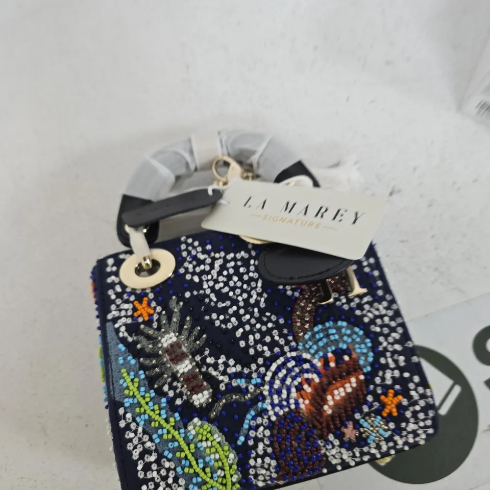 LA MAREY SIGNATURE NAVY BEADED HANDBAG WITH MULTICOLOUR EMBROIDERY