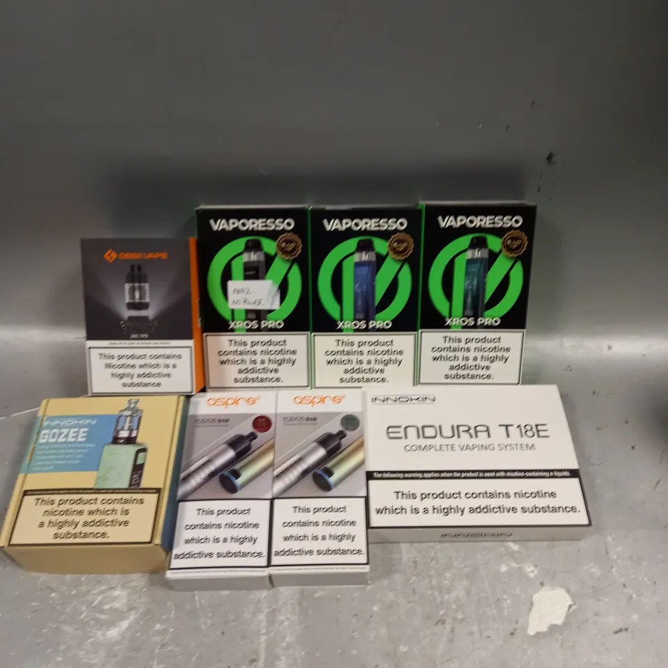 APPROXIMATELY 20 ASSORTED E-CIGARETTE PRODUCTS/ACCESSORIES TO INCLUDE GEEK VAPE, VAPORESSO, ASPIRE ETC 