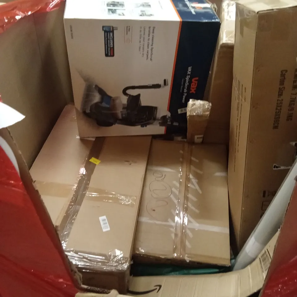 PALLET OF ASSORTED HOUSEHOLD GOODS AND PRODUCTS TO INCLUDE; BLINDS, CAT LITTER BOX, ELECTRIC FRYER ETC