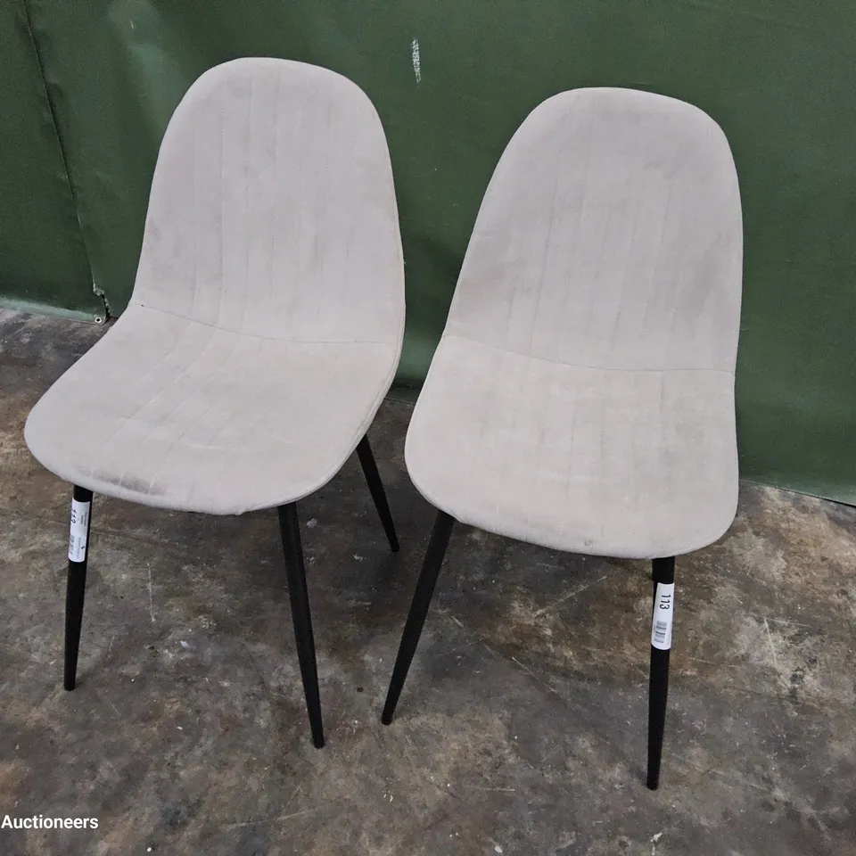 PAIR OF LIGHT GREY PLUSH FABRIC UPHOLSTERED DINING CHAIRS ON BLACK LEGS