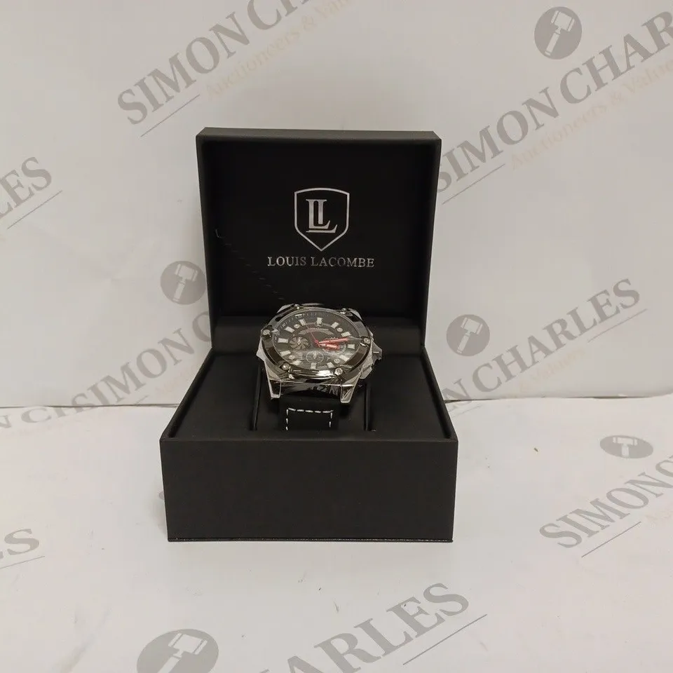 LOUIS LACOMBE MENS WATCH - MULTI FUNCTION BLACK DIAL - STAINLESS STEEL CASE - LEATHER STRAP - 3ATM WATER RESISTANT - DISPLAY BOX