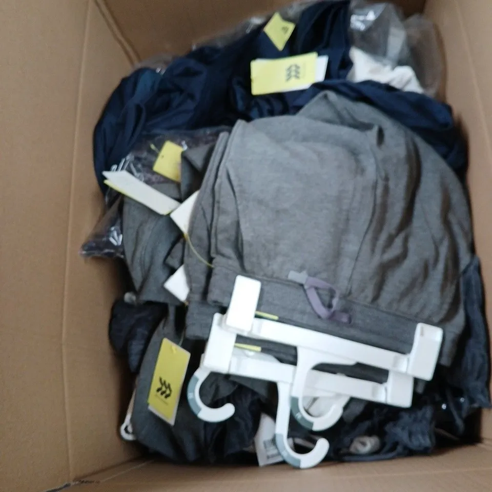 BOX OF APPROXIMATELY 60 ASSORTED CLOTHING ITEMS IN VARIOUS STYLES , COLOURS AND SIZES