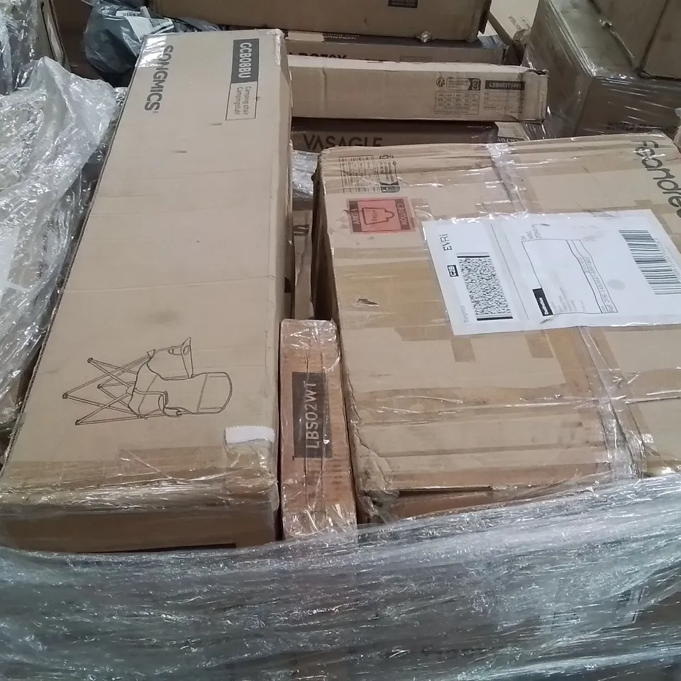 PALLET CONTAINING VARIOUS ASSORTED BOXED ITEMS TO INCLUDE: CAT TREE PLAY HOUSE, CAMPING CHAIR, BOXED FURNITURE ETC.