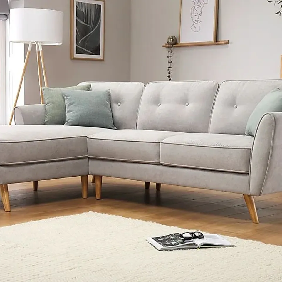BOXED HARLOW DOVE GREY PLUSH FABRIC L SHAPE CORNER SOFA (2 BOXES)