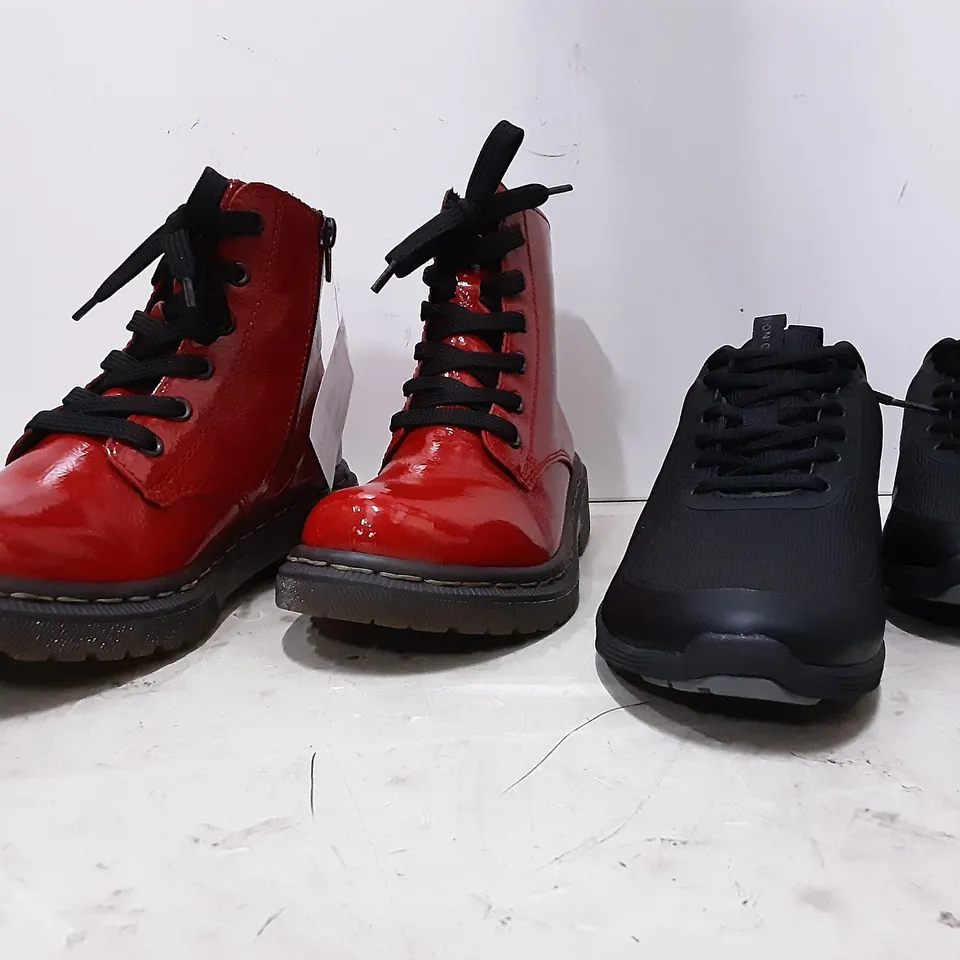 BOXED 2 PAIRS OF WOMENS SHOES , RED RIEKER BOOTS SIZE 4 AND VIONIC BLACK TRAINERS SIZE 4.5