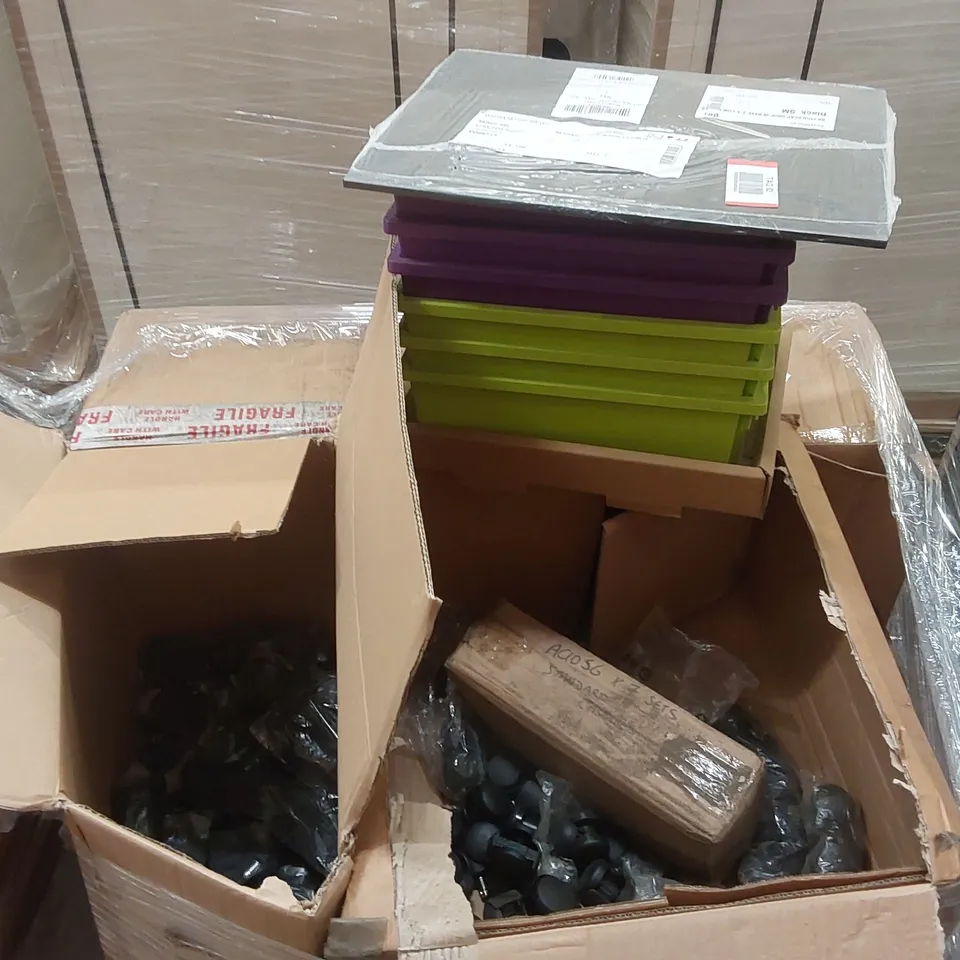 PALLET CONTAINING A LARGE ASSORTMENT OF OFFICE FURNITURE PARTS TO INCLUDE: CASTER WHEELS, STORAGE CONTAINERS ECT