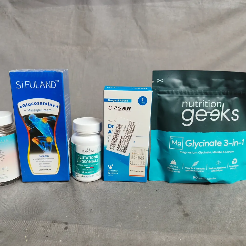 APPROX 10 ASSORTED ITEMS TO INCLUDE - SIFULAND GLUCOSAMINE MASSAGE CREAM; GLUTATHIONE LIPOSOMAL SUPPLEMENT; MAGNESIUM GLYCINATE 3-IN-1 (NUTRITION GEEKS); DRUGS OF ABUSE TEST KIT 