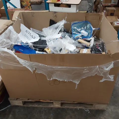 PALLET TO CONTAIN A LARGE ASSORTMENT OF CONSUMER PRODUCTS. INCLUDING; NECK BRACES, POOL CLEANING KITS, PIRATE COSTUMES ETC