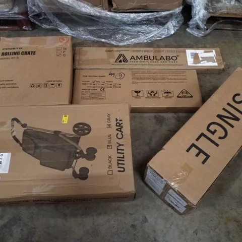 PALLET CONTAINING ASSORTED PRODUCTS INCLUDING ROLLING CRATE, UTILITY CART, BED RAIL GUARD, SELF ADHESIVE VINYL PLANKS & SINGLE FOLDING MATTRESS 