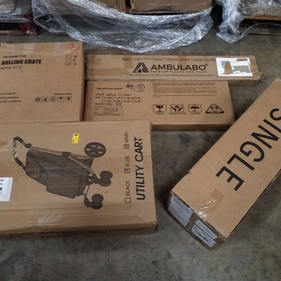 PALLET CONTAINING ASSORTED PRODUCTS INCLUDING ROLLING CRATE, UTILITY CART, BED RAIL GUARD, SELF ADHESIVE VINYL PLANKS & SINGLE FOLDING MATTRESS 