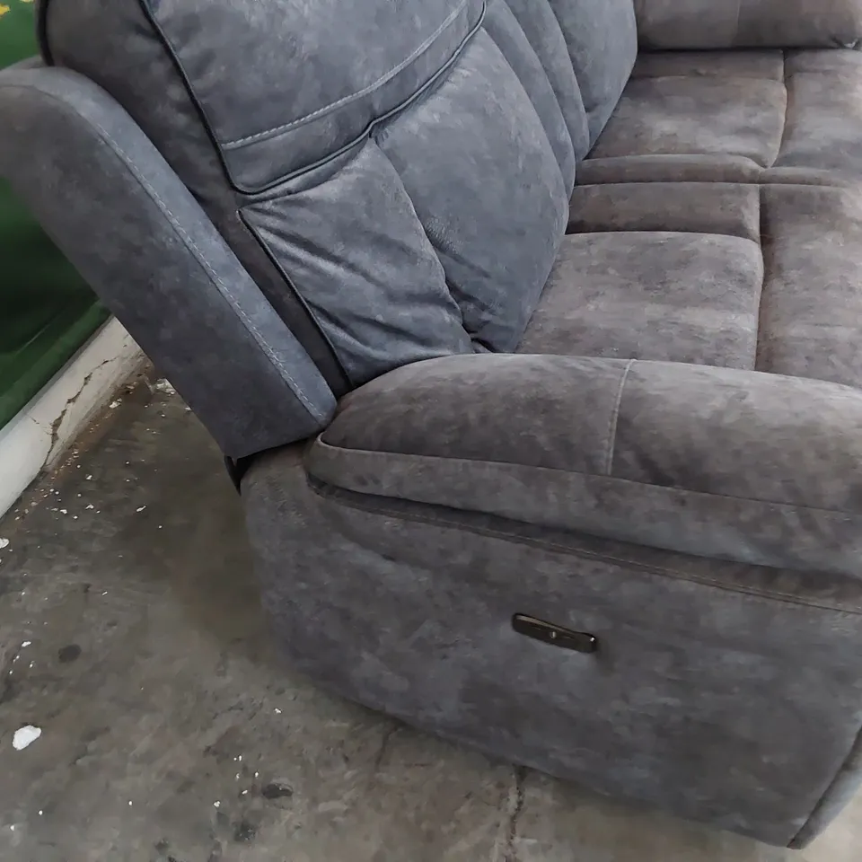 DESIGNER POWER RECLINING THREE SEATER SOFA GREY PLUSH FABRIC WITH BLACK PIPING