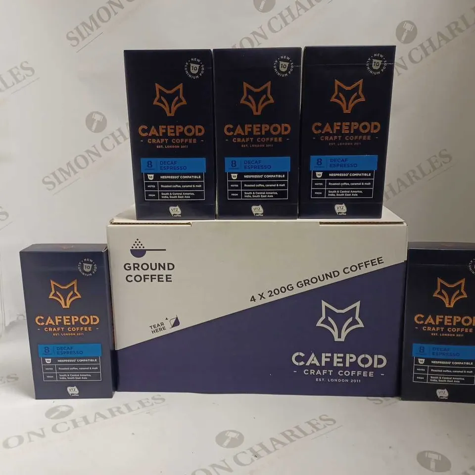 LOT OF 6 ITEMS TO INCLUDE 5 CAFEPOD CRAFT COFFEE (DECAF ESPRESSO), CAFEPOD CRAFT COFFEE 4 x 200G GROUND COFFEE 