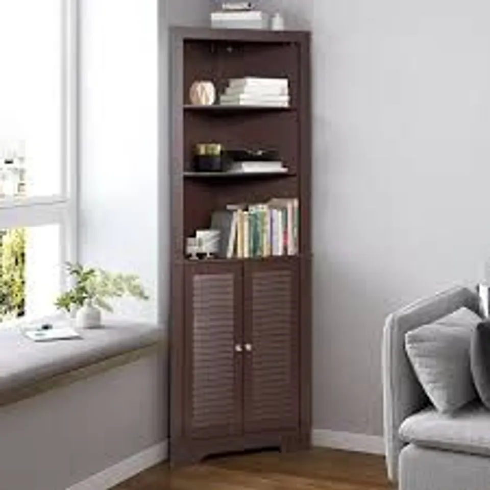 BOXED COSTWAY FREE STANDING TALL BATHROOM CORNER STORAGE CABINET WITH 3 SHELVES - BROWN