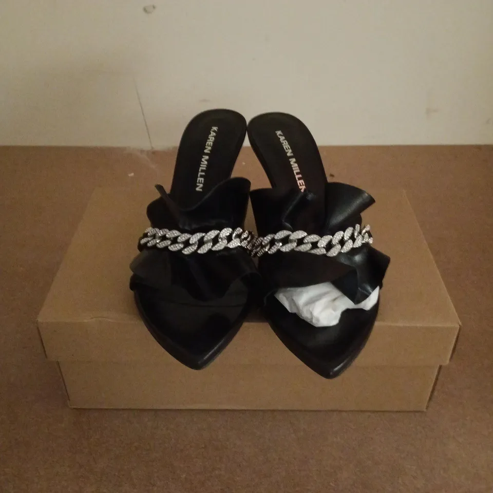 BOXED PAIR OF KAREN MILLEN LEATHER JEWELLED RUCHED LOW HEELS IN BLACK - SIZE 38