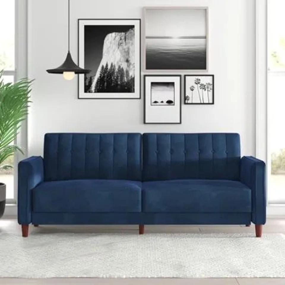 BOXED HYKKON BOSCO 3 SEATER SOFA BED VINTAGE DESIGN MULTI-FUNCTIONAL - BLUE VELVET (1 BOX)