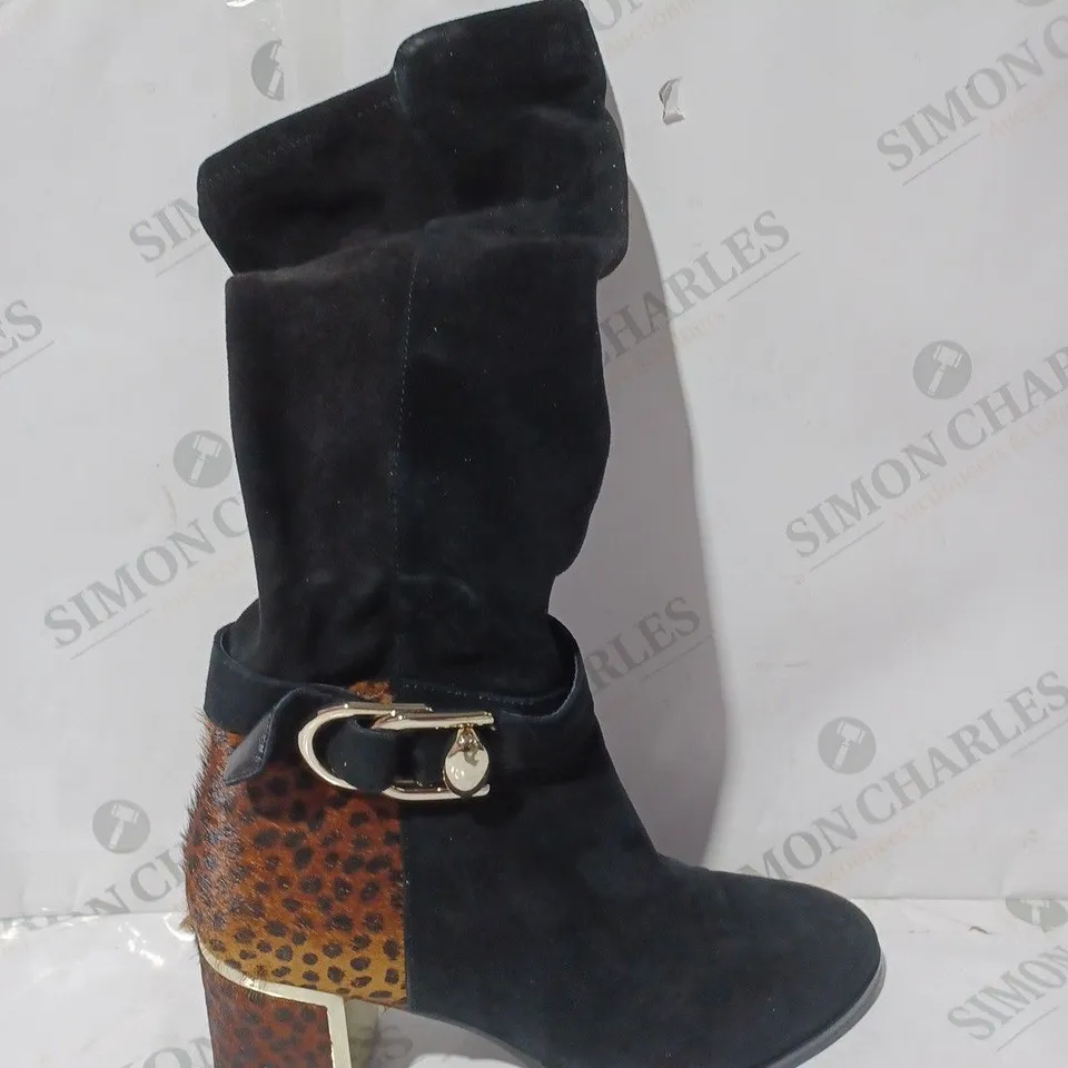 BOXED PAIR OF MODA IN PELLE TANCI KNEE BOOTS IN BLACK SUEDE AND LEOPARD PRINT - SIZE 6