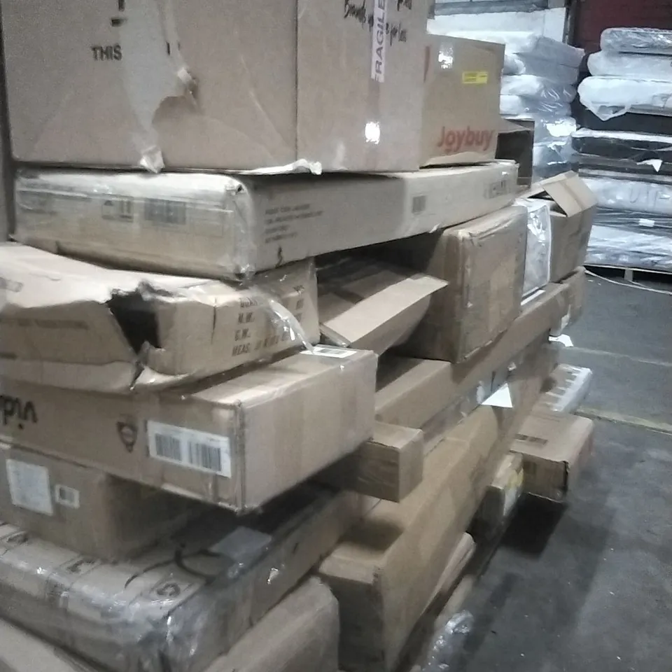 PALLET OF INCOMPLETE ASSORTED FURNITURE ITEMS; LANCASTER DRAWER SET, DESK CHAIR, WARDROBE