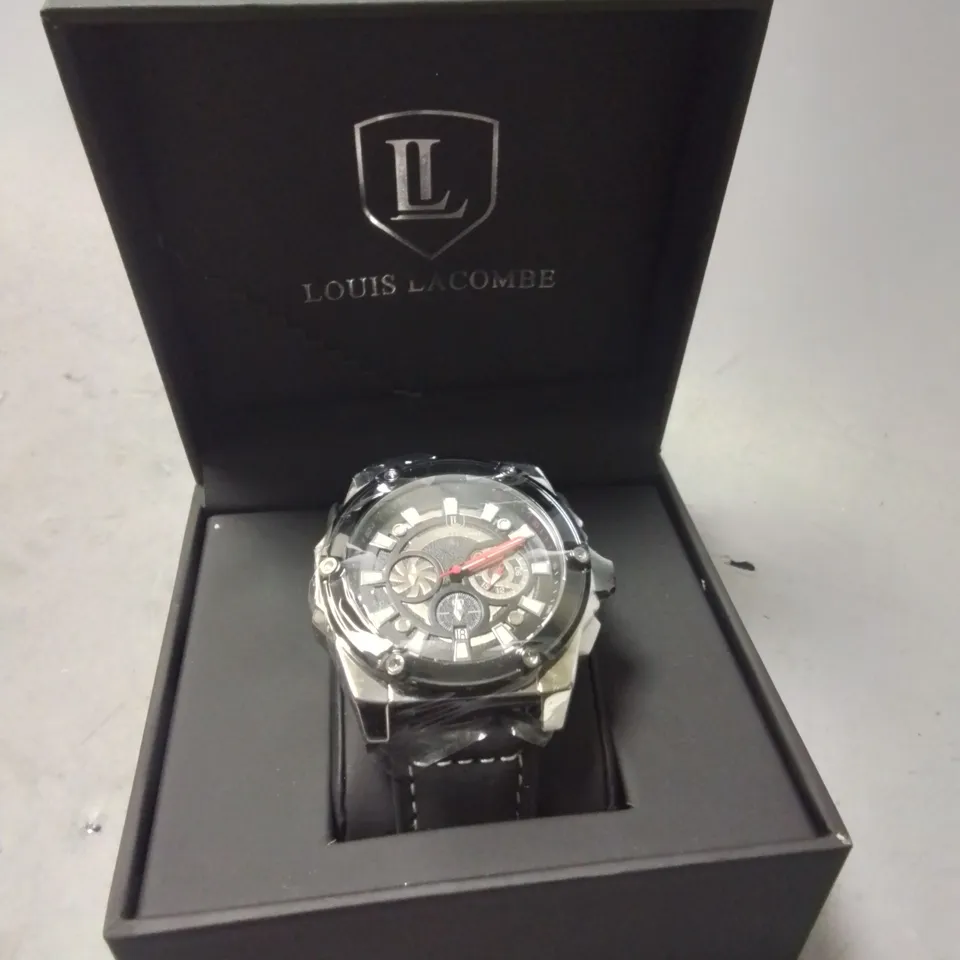 LOUIS LACOMBE GENTS STAINLESS STEEL CHRONOGRAPH WATCH WITH BLACK STRAP IN GIFT BOX