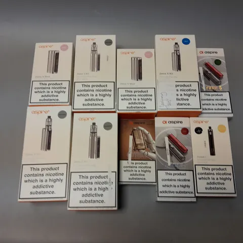 APPROXIMATELY 10 ASSORTED ASPIRE E-CIGS & VAPES TO INCLUDE CYBER G, ZELOS X KIT, ZELOS 3 KIT, ETC