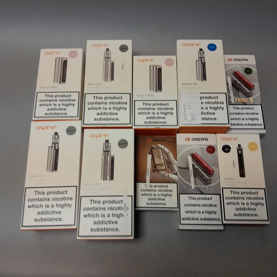 APPROXIMATELY 10 ASSORTED ASPIRE E-CIGS & VAPES TO INCLUDE CYBER G, ZELOS X KIT, ZELOS 3 KIT, ETC