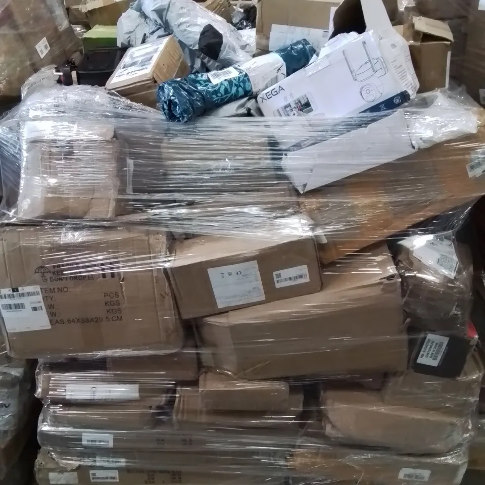 PALLET CONTAINING VARIOUS ASSORTED ITEMS TO INCLUDE, EXPANDABLE HOSES, JUICER, HANDHELD PRESSURE WASHER, AND LOTS MORE UNMARKED BOXED ITEMS 
