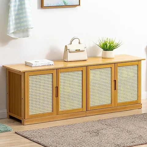 BOXED NATURAL WOOD RATTAN 4-DOOR SHOE STORAGE BENCH HALLWAY SEATING ORGANISER
