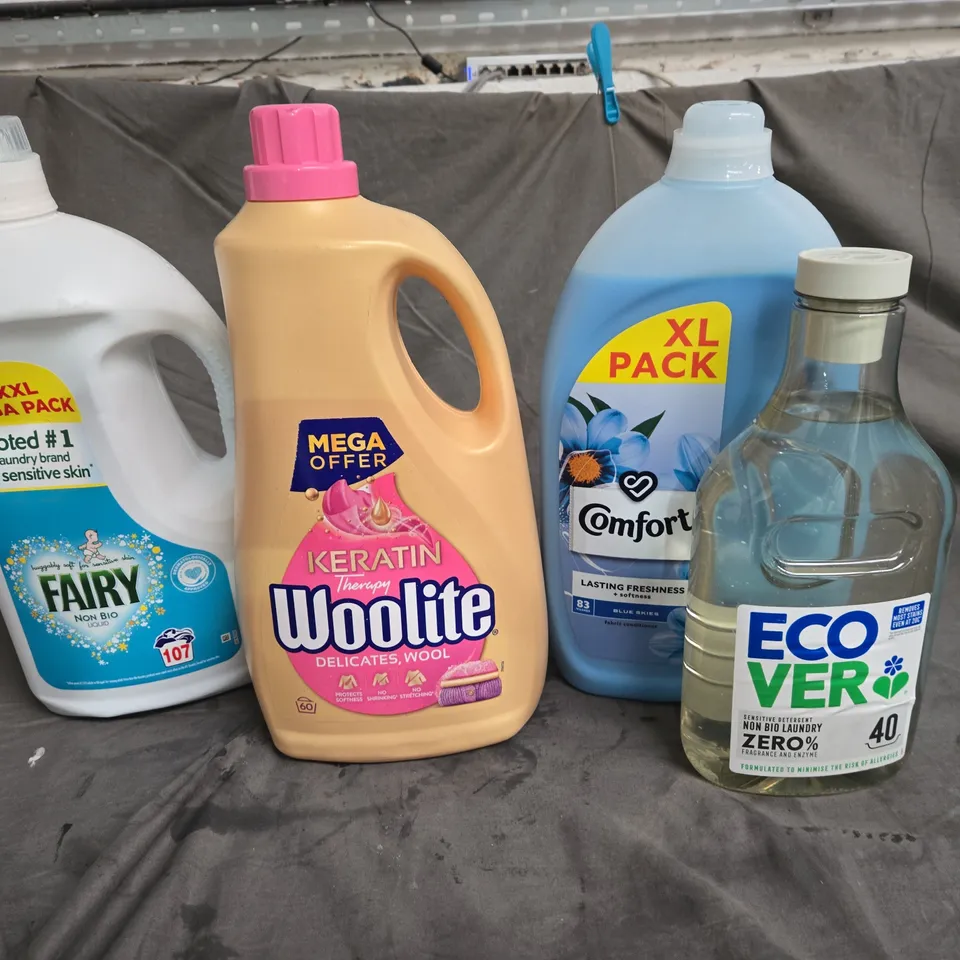 APPROXIMATELY 4 ASSORTED CLEANING PRODUCTS TO INCLUDE - FAIRT LAUNDRY DETERGENT - COMFORT FABRIC CONDITIONER - ECO VER LAUNDRY DETERGNT - COLLECTION ONLY