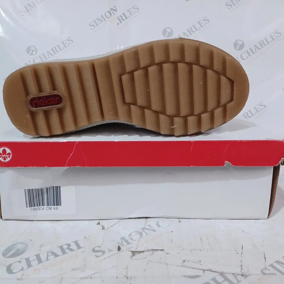 BOXED PAIR OF RIEKER WATER RESISTANT HIKING BOOTS, CREAM - SIZE 8