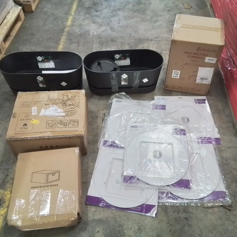 PALLET CONTAINING ASSORTED ITEMS INCLUDING: WAX MELTING FURNACE, PLANT POTS, SURE FLAP MOUNTING ADAPTERS, PINKPUM SHOE BOXES ECT 