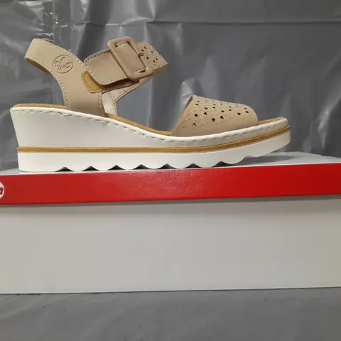 BOXED PAIR OF RIEKER OPEN TOE WEDGE SANDALS IN TAUPE SIZE 6