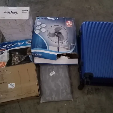 PALLET OF ASSORTED ITEMS INCLUDING LASER TONER CARTRIDGE, CAT RADIATOR BED, CAR WINDOW SHADE, SUITCASE, PEDESTAL FAN, UNIVERSAL SPEAKER STAND